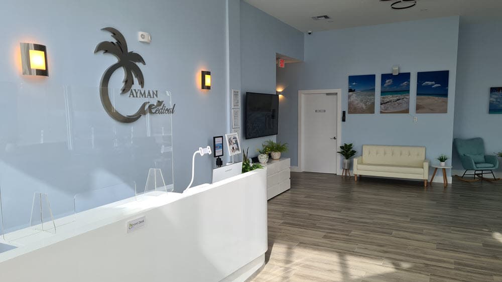 Reception and waiting area at Cayman Medical