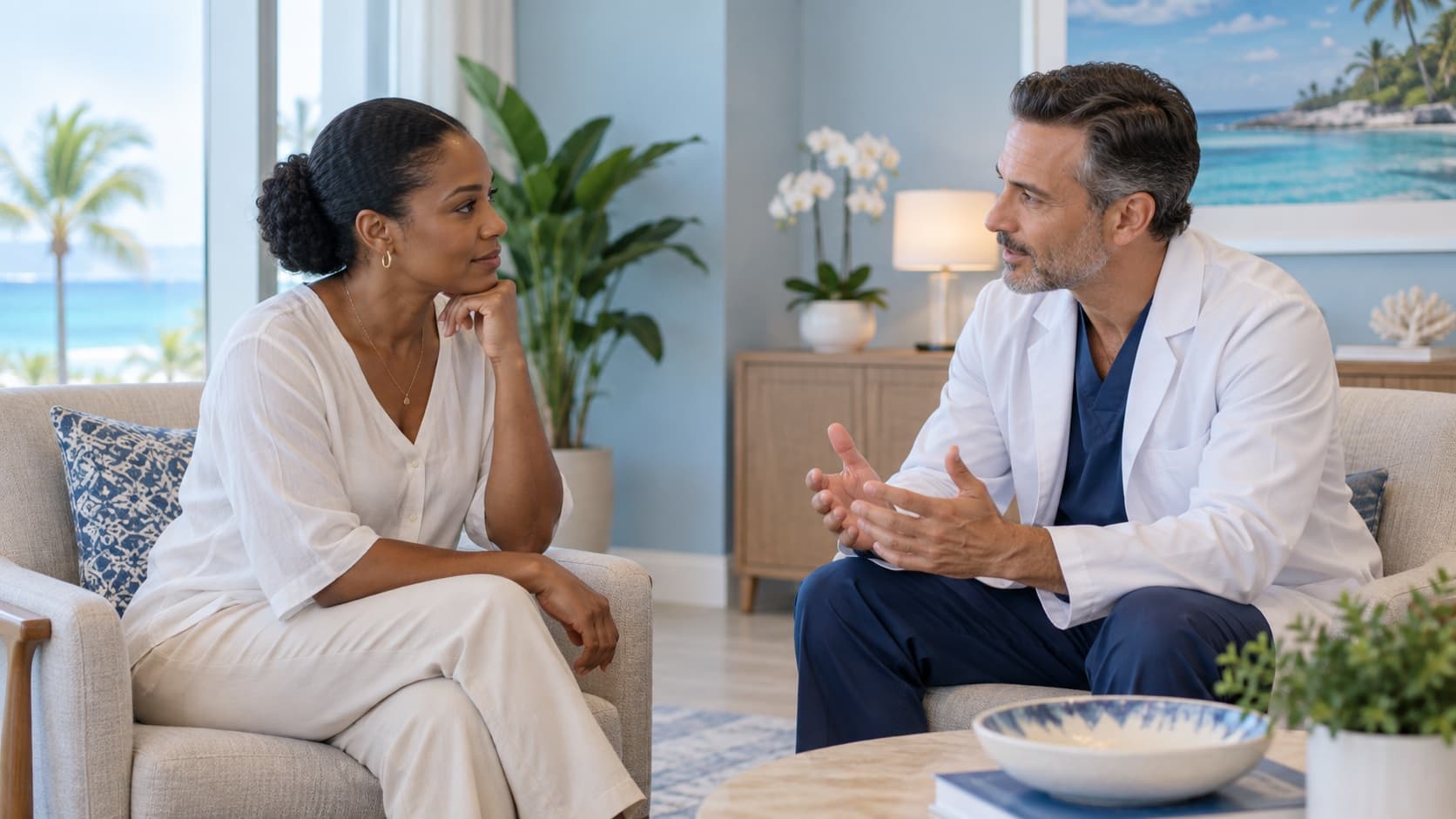 Calm Cayman Medical consultation — doctor and patient in thoughtful conversation