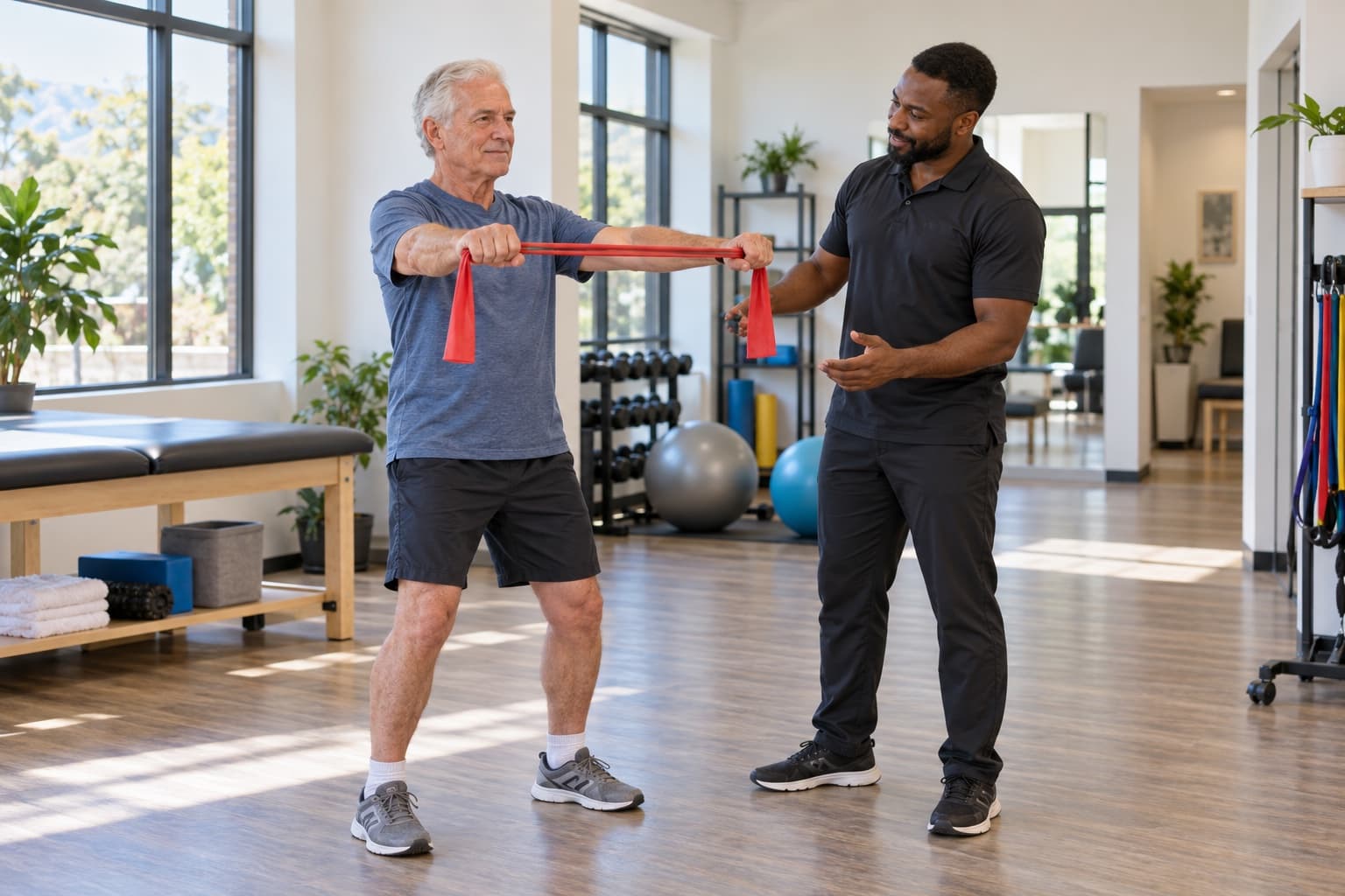 A physiotherapist supervising a patient's rehabilitation exercise