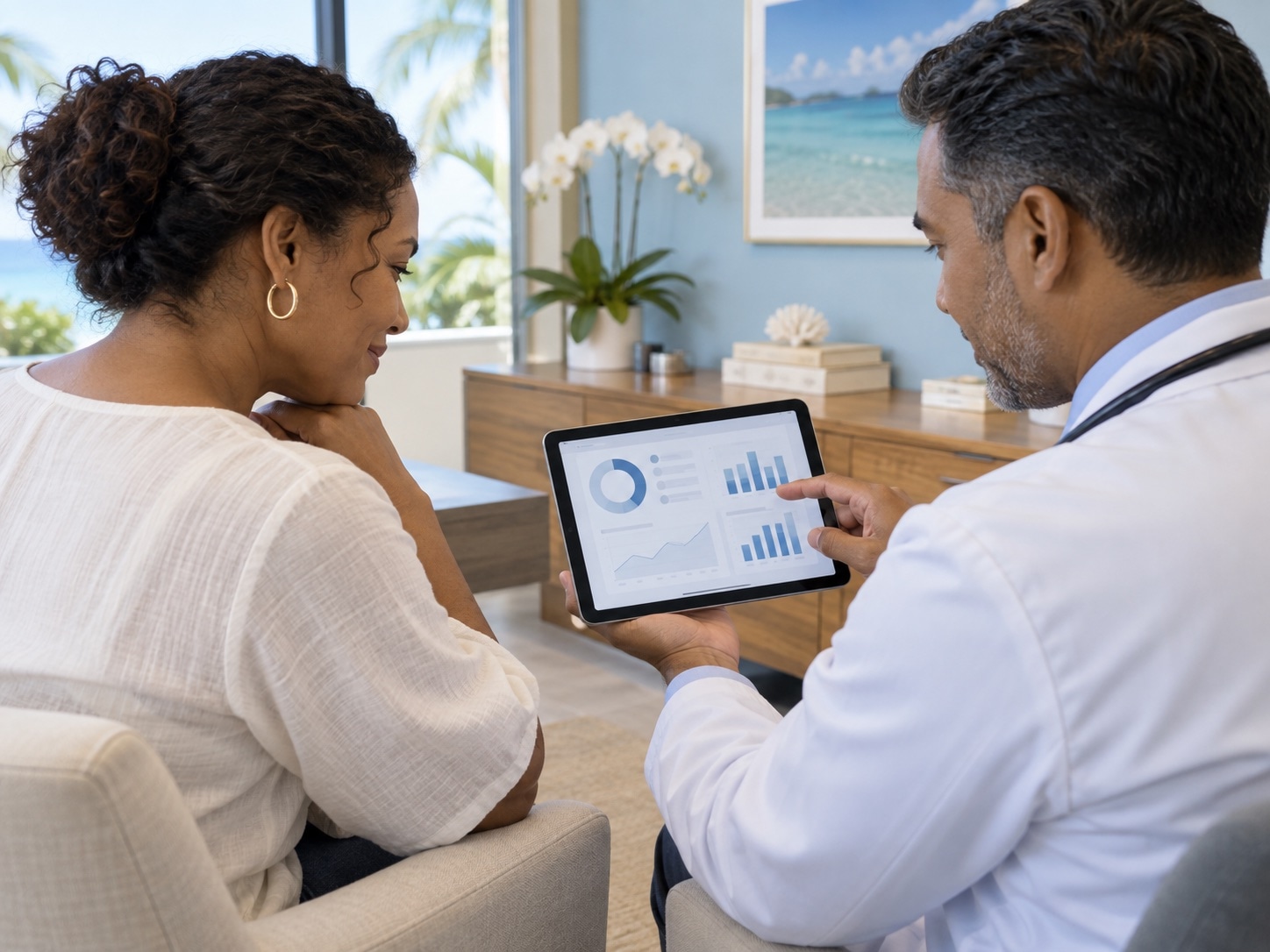 Clinician and patient reviewing health information together on a tablet in a calm Cayman Medical consultation setting