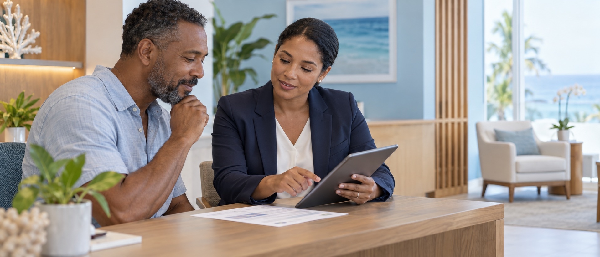 Patient and staff reviewing information together calmly