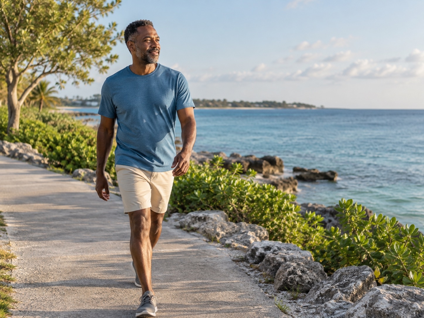 Adult man participating in natural everyday physical activity in Grand Cayman — calm, non-gym editorial photography