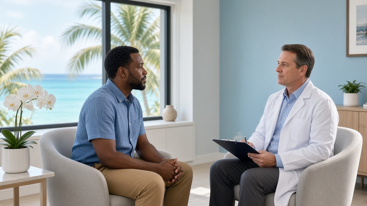 Adult male patient in a calm consultation with a Cayman Medical clinician in a bright boutique clinic