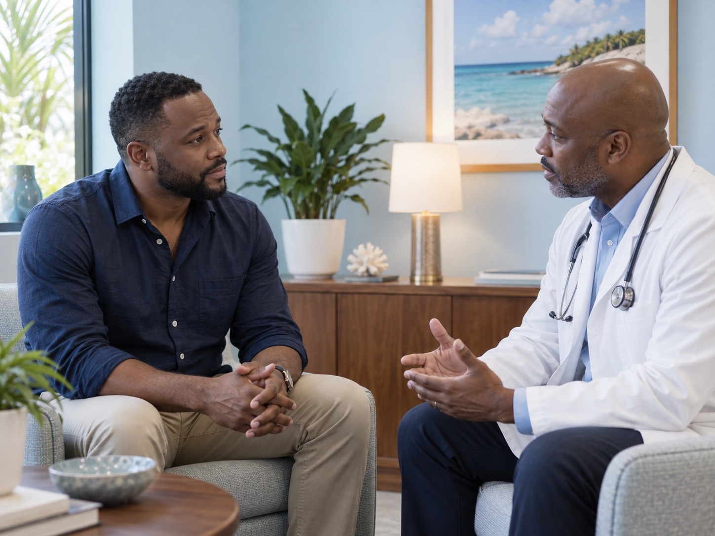 Private clinician and patient conversation for sensitive men’s health concerns in a bright boutique clinic