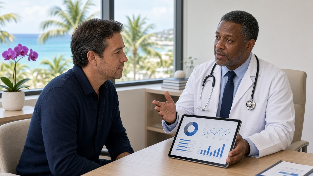 Male patient reviewing health results with a clinician in a calm Cayman Medical consultation room