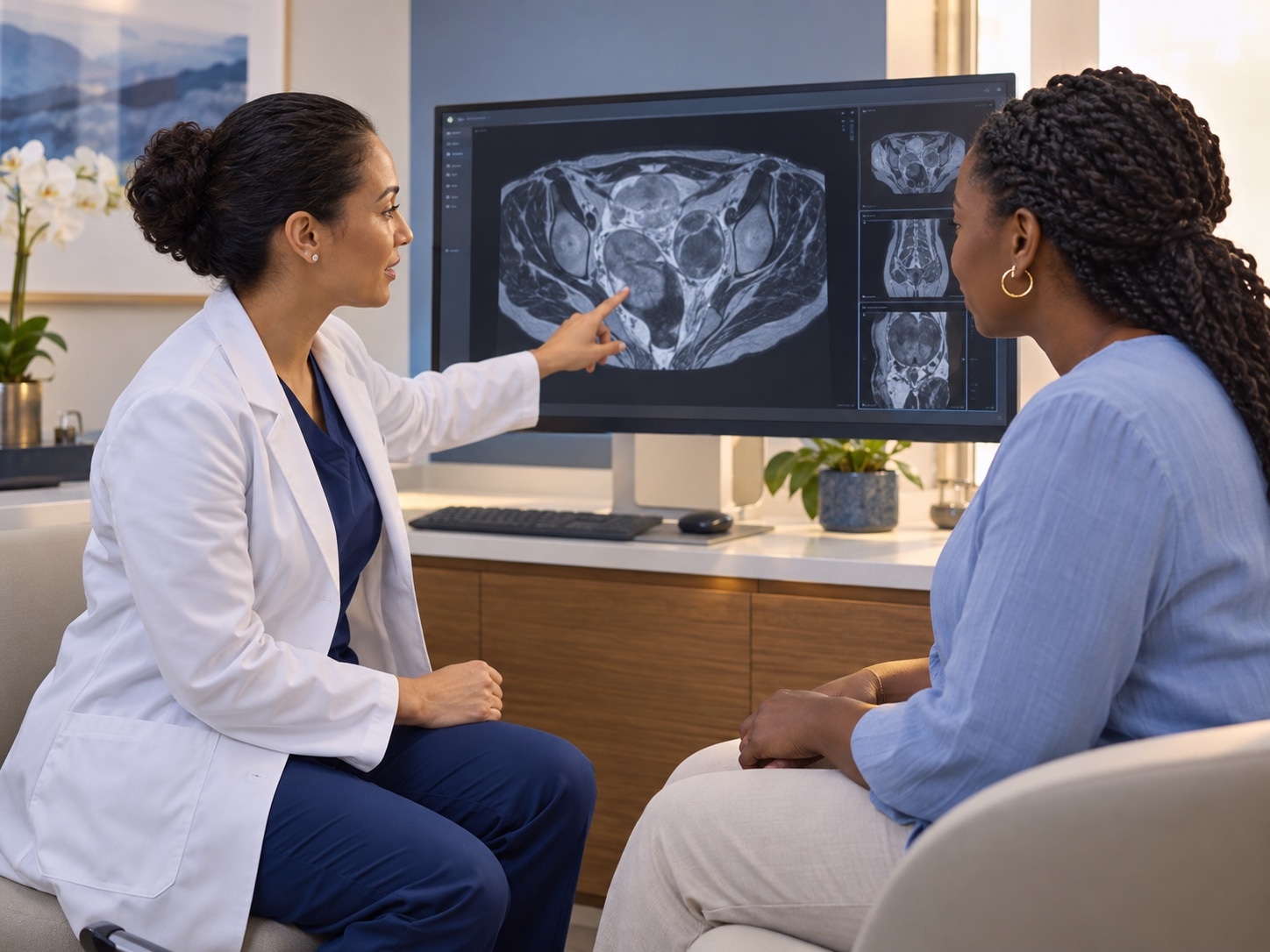 Clinician reviewing diagnostic imaging with an adult female patient — screen visible without fake findings