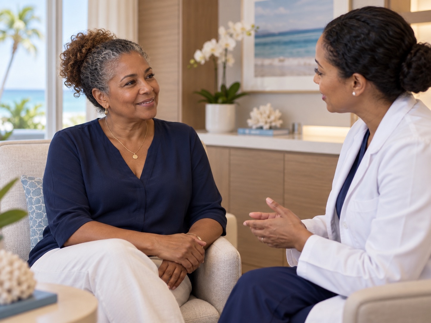 Midlife woman in a calm, natural consultation at Cayman Medical — warm, private, non-glamour framing