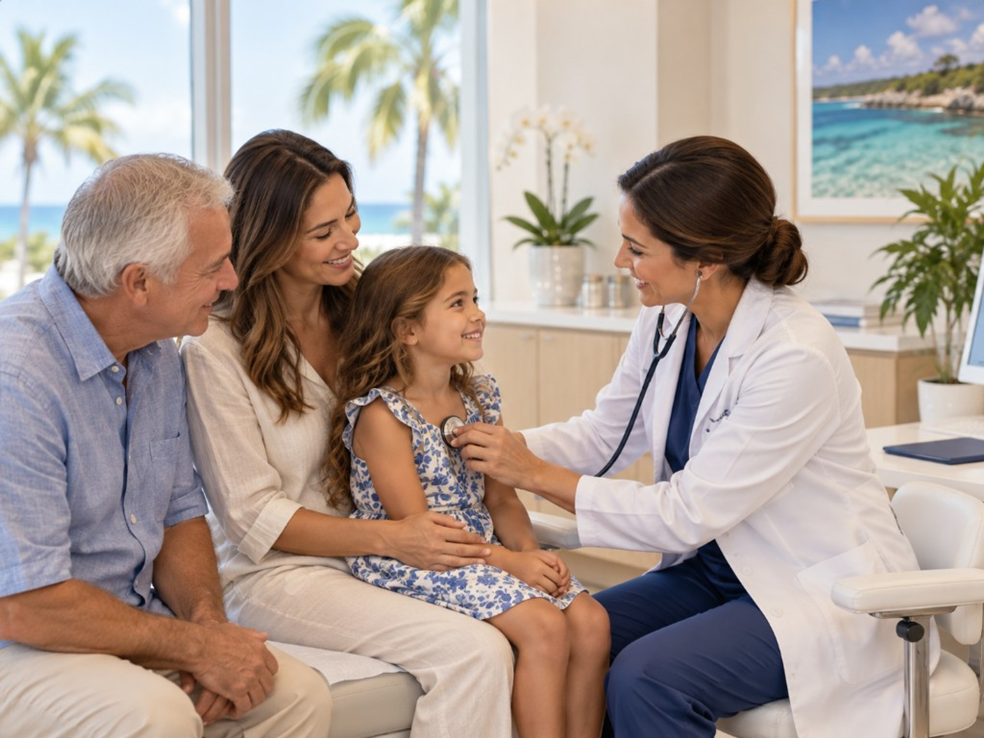 Family medicine visit with a child and family at Cayman Medical