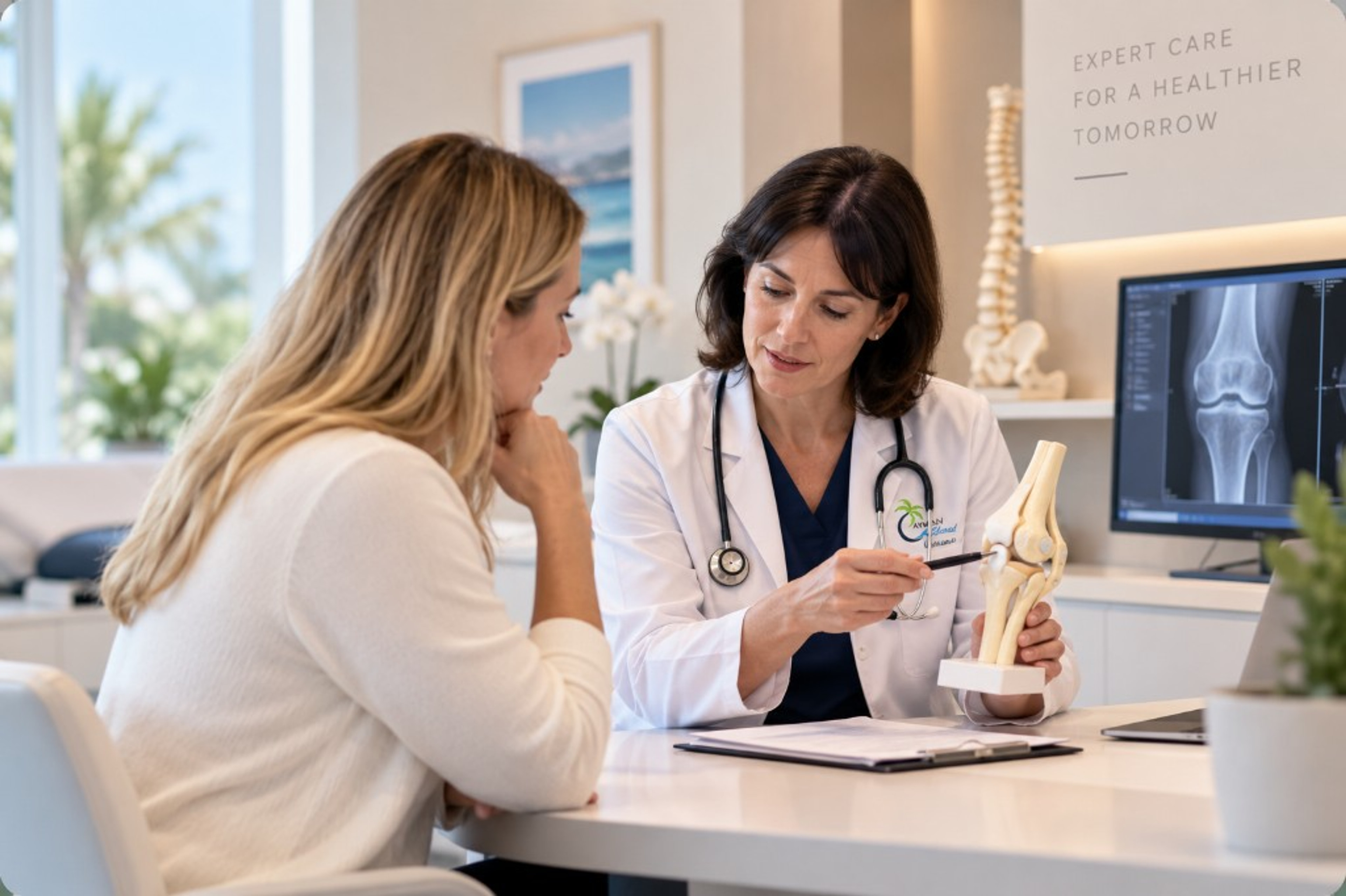 Specialist consultation reviewing imaging and anatomy at Cayman Medical